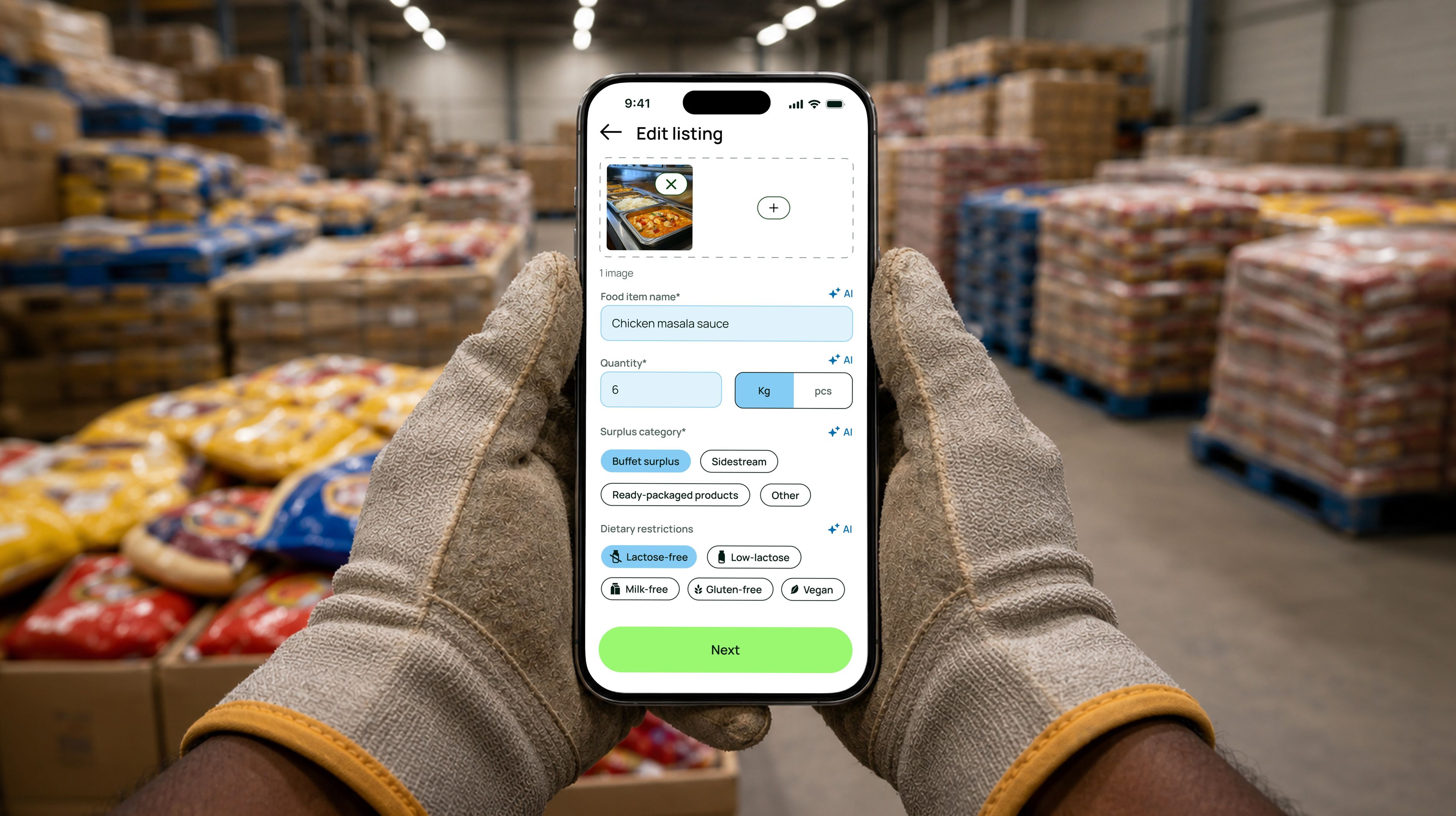 Hands with gloves holding a phone with a form AI-pre filled UI, warehouse in the background.