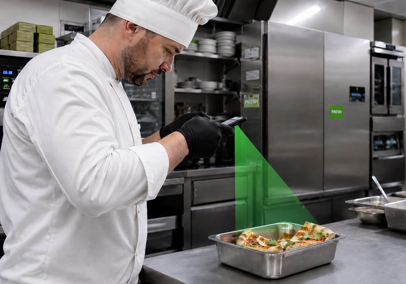 A cook scanning leftover pizza slices with phone in industrial kitchen.