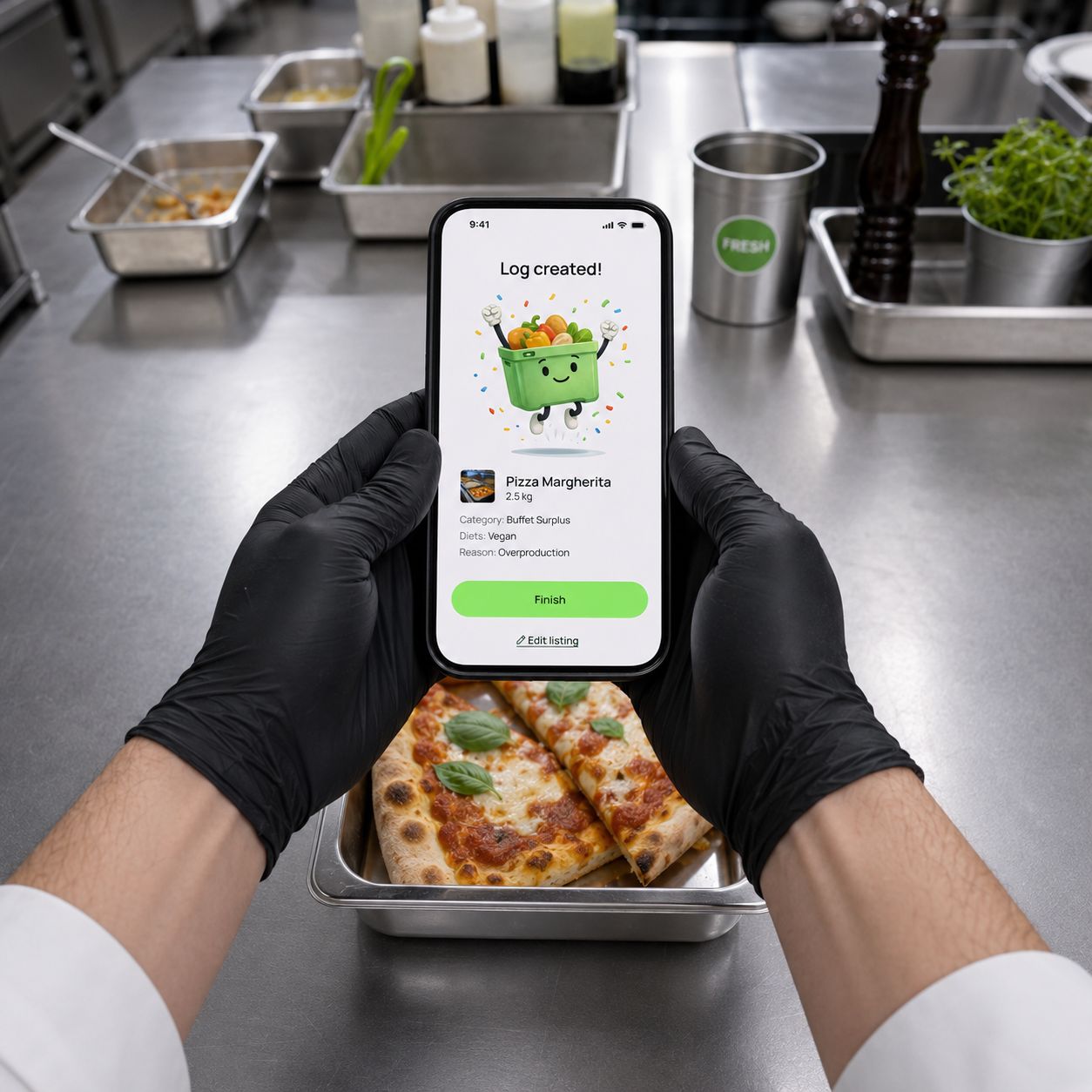 A first person view of a kitchen worker with gloves holding a phone with Zipli app in it